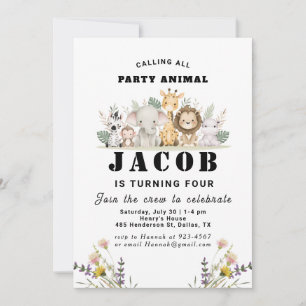 Invitation Fête d'anniversaire enfant animal de fleur sauvage