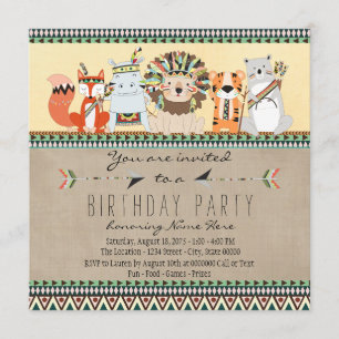 Invitation Fête d'anniversaire enfant animaux de tribu amérin