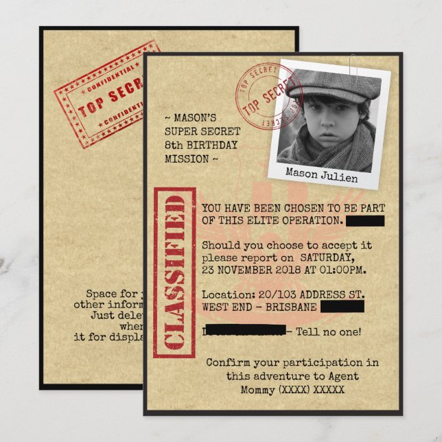 Invitation Fête d'anniversaire espion (Devant / Derrière)