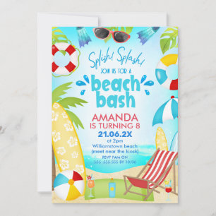 Invitation Fête d'anniversaire estivale bleue et rouge sur la