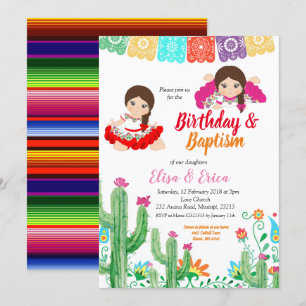 Invitation Fête d'anniversaire et baptême pour les jumelles