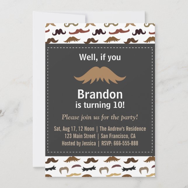 Invitation Fête d'anniversaire et motif de moustache (Devant)