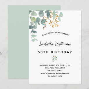 Invitation fête d'anniversaire eucalyptus blanc or vert éléga