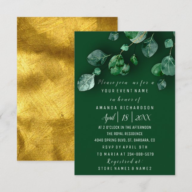 Invitation Fête d'anniversaire Eucalyptus Vert Or Forêt (Devant / Derrière)