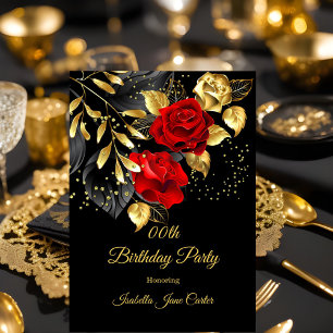 Invitation Fête d'anniversaire Exotic Red Rose Black Floral G