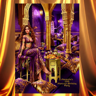 Invitation Fête d'anniversaire exotique violet or thème maroc