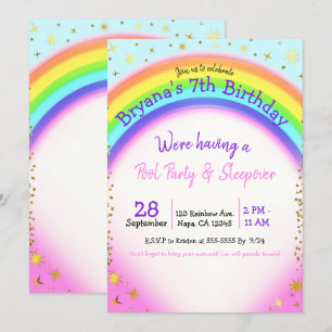 Invitation Fête d'anniversaire Fantaisie Paillettes Or Arc-en