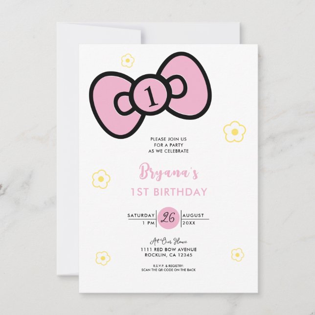 Invitation Fête d'anniversaire fantaisiste à ruban rose migno (Devant)