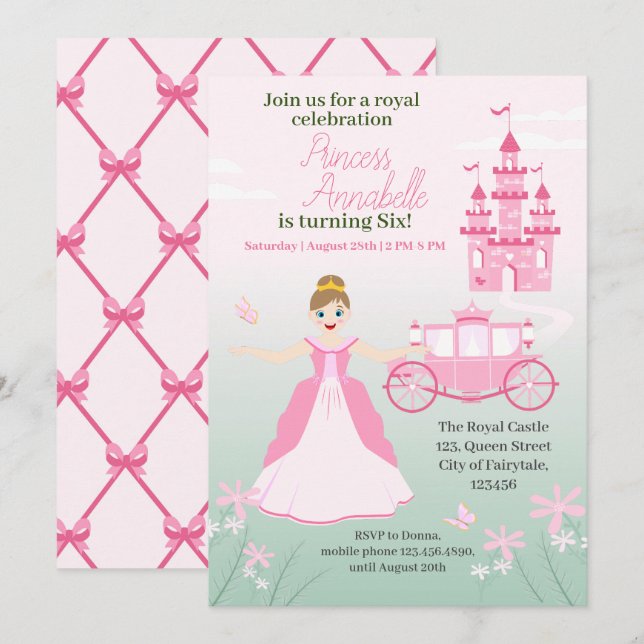 Invitation Fête d'anniversaire Fantastique de Princesse Rose (Devant / Derrière)