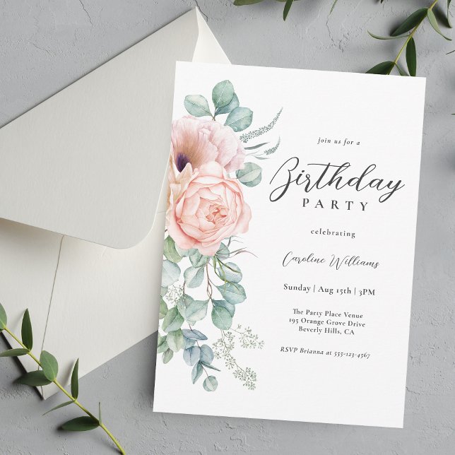 Invitation Fête d'anniversaire féminine rose et beige (Available as printed and paperless digital download!)
