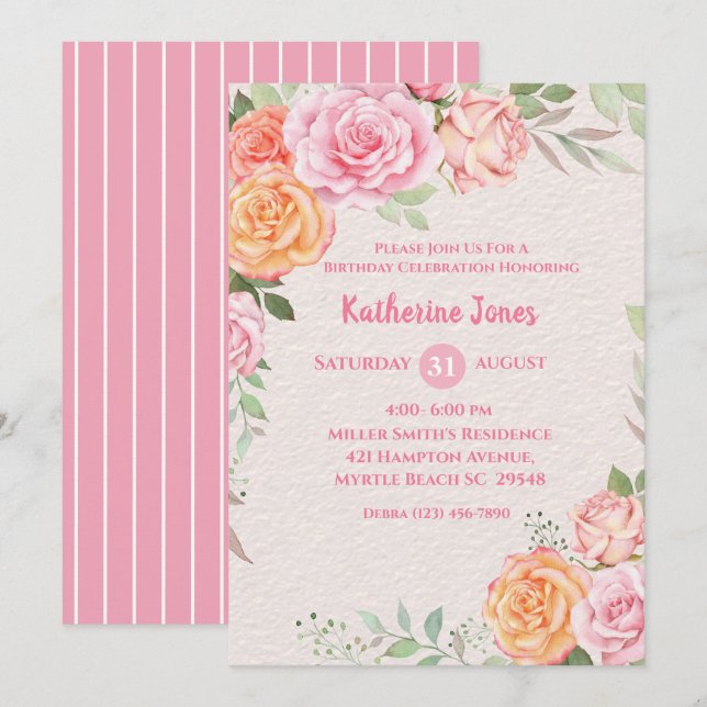 Invitation Fête d'anniversaire féminine rose et crème (Devant / Derrière)