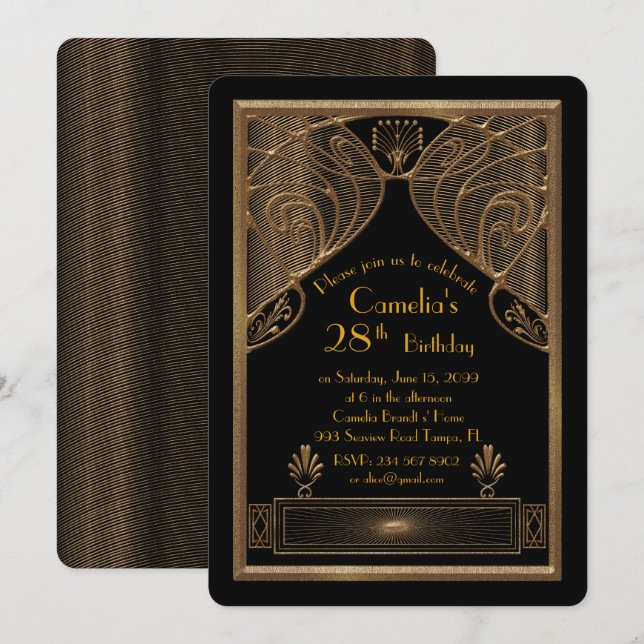Invitation fête d'anniversaire femme, grand Gatsby (Devant / Derrière)
