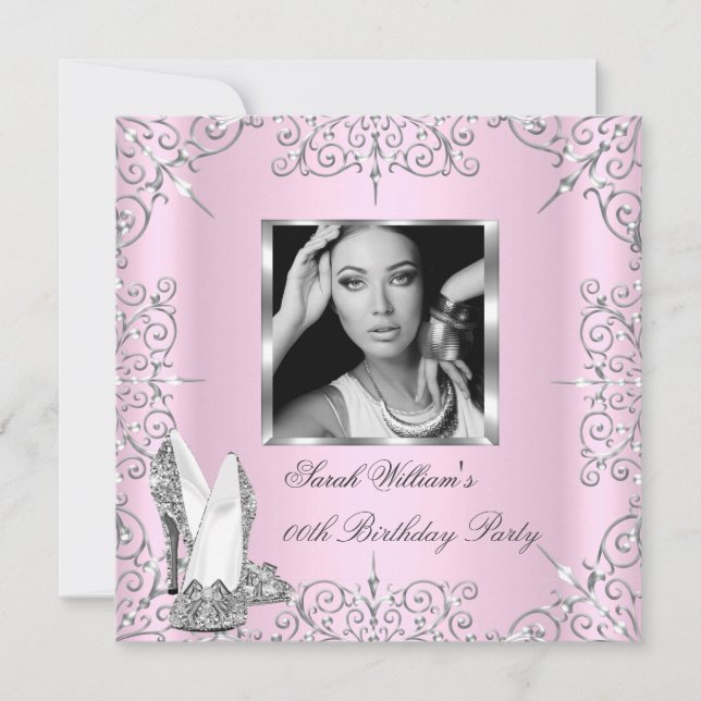 Invitation Fête d'anniversaire Femme rose talons d'argent (Devant)