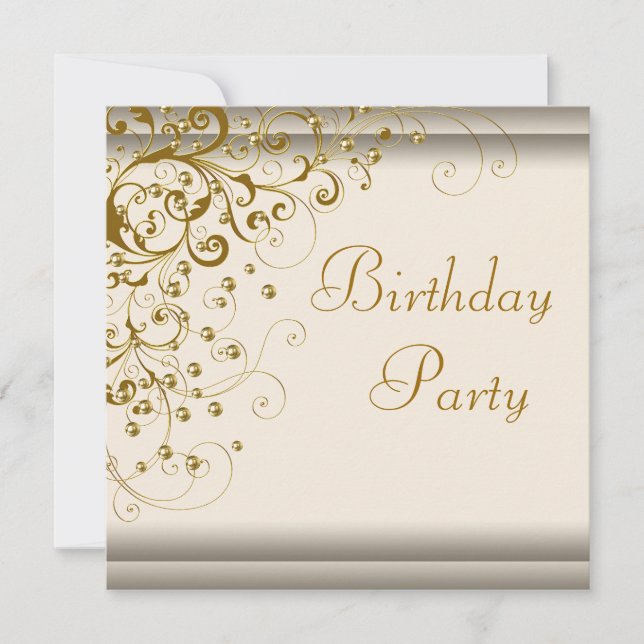 Invitation Fête d'anniversaire femme tourbillon de perle doré (Devant)