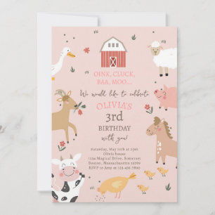 Invitation Fête d'anniversaire fille animaux de ferme à carre