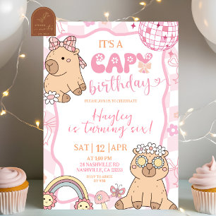 Invitation Fête d'anniversaire fille capybara pastel rétro