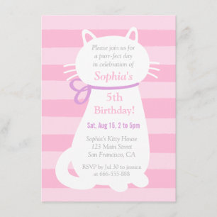 Invitation Fête d'anniversaire fille Chat Kitty Blanc Rayures