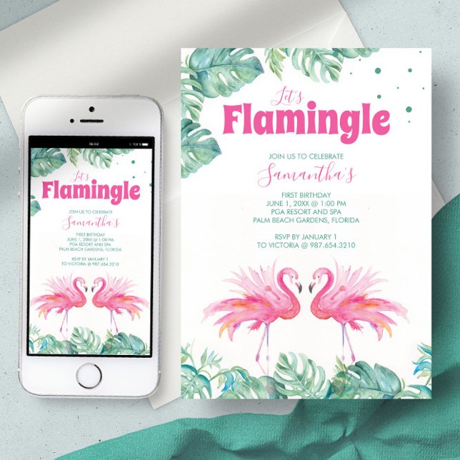 Invitation Fête d'anniversaire flamant rose aquarelle mignonn (First birthday tropical pink flamingo palm leaves watercolor art by Victoria Grigaliunas)