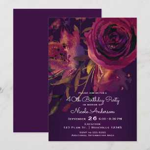 Invitation Fête d'anniversaire Fleur Rose Pourpre Vin de Bour