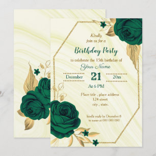 Invitation fête d'anniversaire fleurie en or vert émeraude