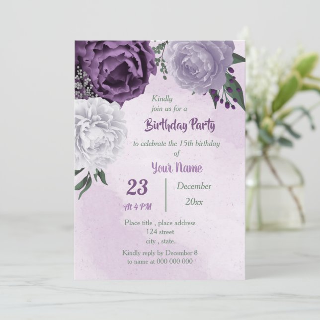 Invitation fête d'anniversaire fleurie violette et blanche (Debout devant)