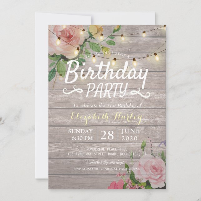 Invitation Fête d'anniversaire Fleurs de bois rustiques et lu (Devant)