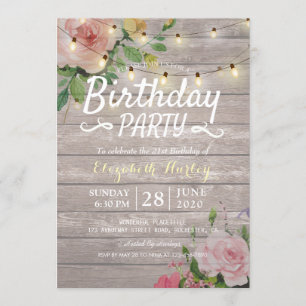 Invitation Fête d'anniversaire Fleurs de bois rustiques et lu