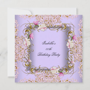 Invitation Fête d'anniversaire Fleurs Or Damassé Violet Rose