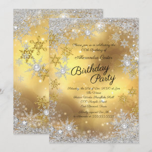 Invitation Fête d'anniversaire Flocon de neige Or Blanc Argen
