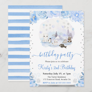 Invitation Fête d'anniversaire Floral Aquarelle Animaux Arcti
