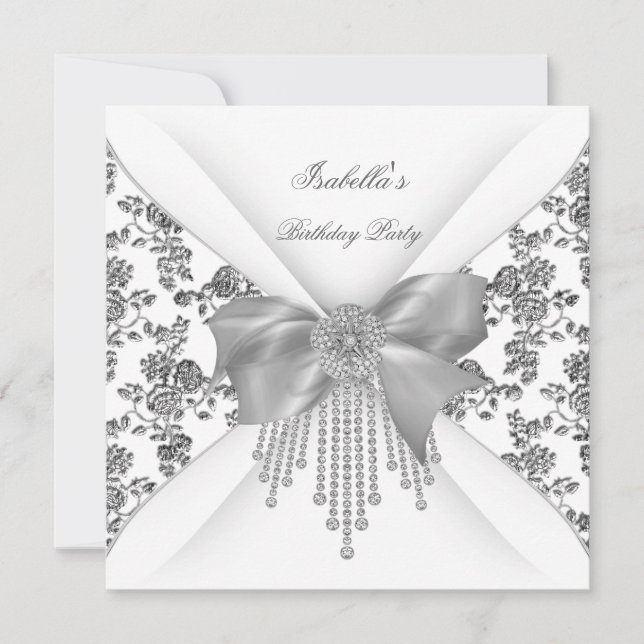 Invitation Fête d'anniversaire Floral Argent Blanc Diamant Bo (Devant)