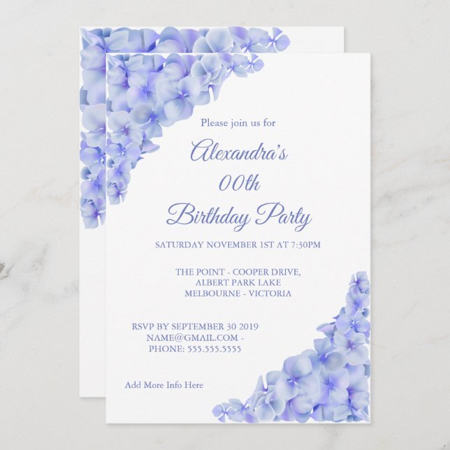 Invitation Fête d'anniversaire Floral Blue Hydrangeas Blanc (Devant / Derrière)