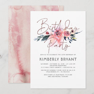 Invitation Fête d'anniversaire Floral Blush et Bourgogne