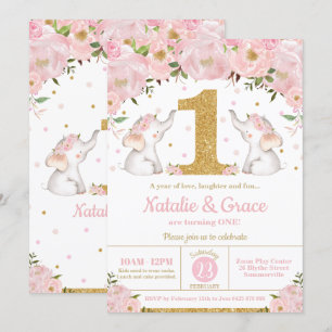 Invitation Fête d'anniversaire Floral Elephant Twin Girls