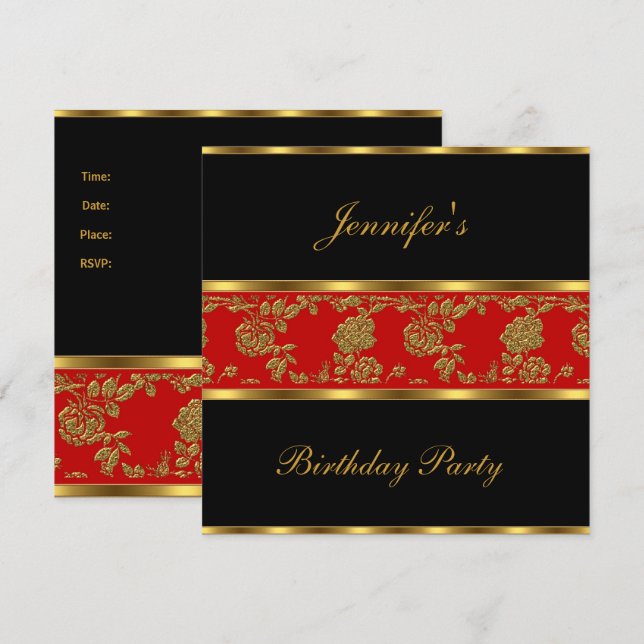 Invitation fête d'anniversaire Floral Gold Noir Ro (Devant / Derrière)