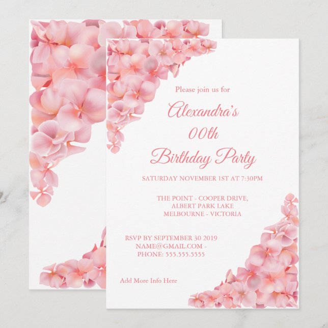 Invitation Fête d'anniversaire Floral rose Hydrangeas sur bla (Devant / Derrière)