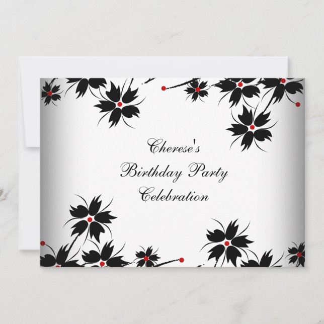 Invitation Fête d'anniversaire Floral Rouge Noir Blanc (Devant)