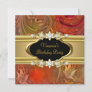 Invitation Fête d'anniversaire Floral Rouge Or Noir