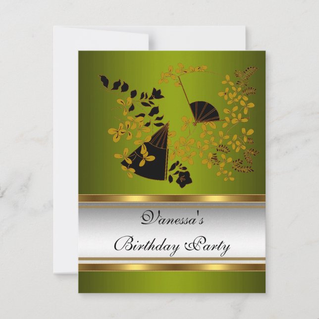 Invitation Fête d'anniversaire Floral Vert Blanc Noir Or (Devant)