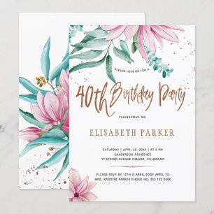 Invitation Fête d'anniversaire florale 40 ans avec une typogr