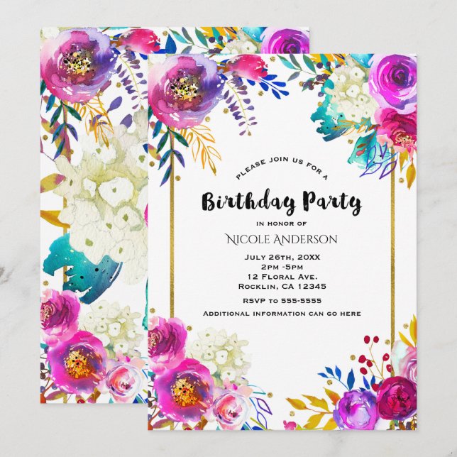 Invitation Fête d'anniversaire florale aquarelle amusante et  (Devant / Derrière)