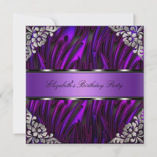 Invitation Fête d'anniversaire florale argentée Zèbre Violet
