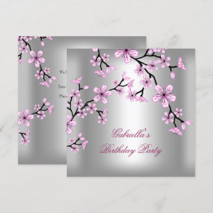 Invitation Fête d'anniversaire florale asiatique argent rose