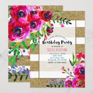 Invitation Fête d'anniversaire florale audacieuse avec rayure