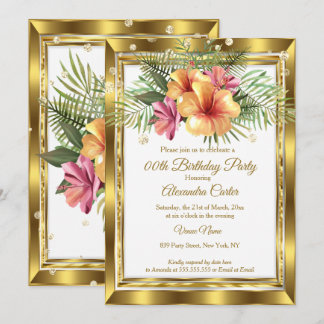 Invitation Fête d'anniversaire florale blanche dorée à l'hibi