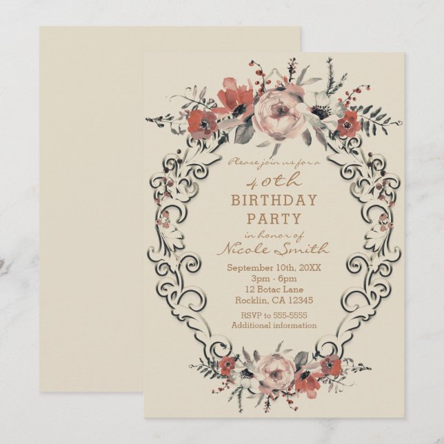 Invitation Fête d'anniversaire florale botanique beige vintag (Devant / Derrière)