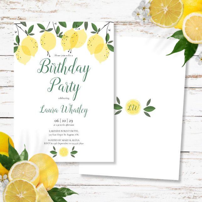 Invitation Fête d'anniversaire florale de citrons élégants et (Modern Elegant Lemons Floral Birthday Party Invitation)