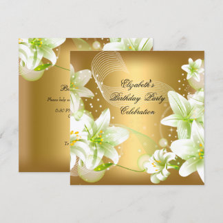 Invitation Fête d'anniversaire florale élégante or blanc