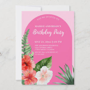 Invitation Fête d'anniversaire florale hawaïenne rose 