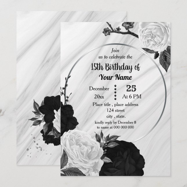 Invitation Fête d'anniversaire florale noire et blanche (Devant / Derrière)